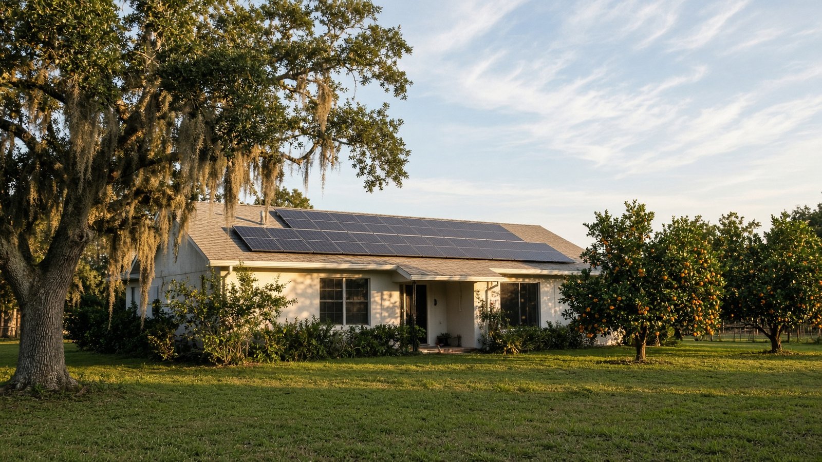A Central Florida ranch house with rooftop solar panels under late-afternoon light.